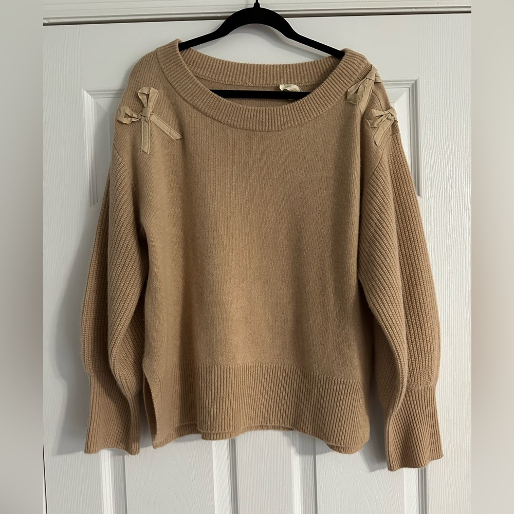 Love Shack Fancy 100% Cashmere Tan Sweater with Bow Accents